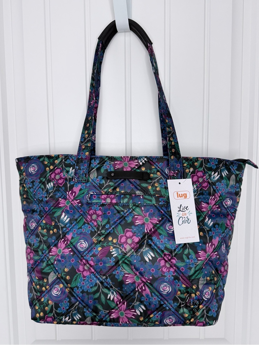 NWT Lug Skyliner Whimsy Blk Quilted Floral Tote - Black Purple Blue Green